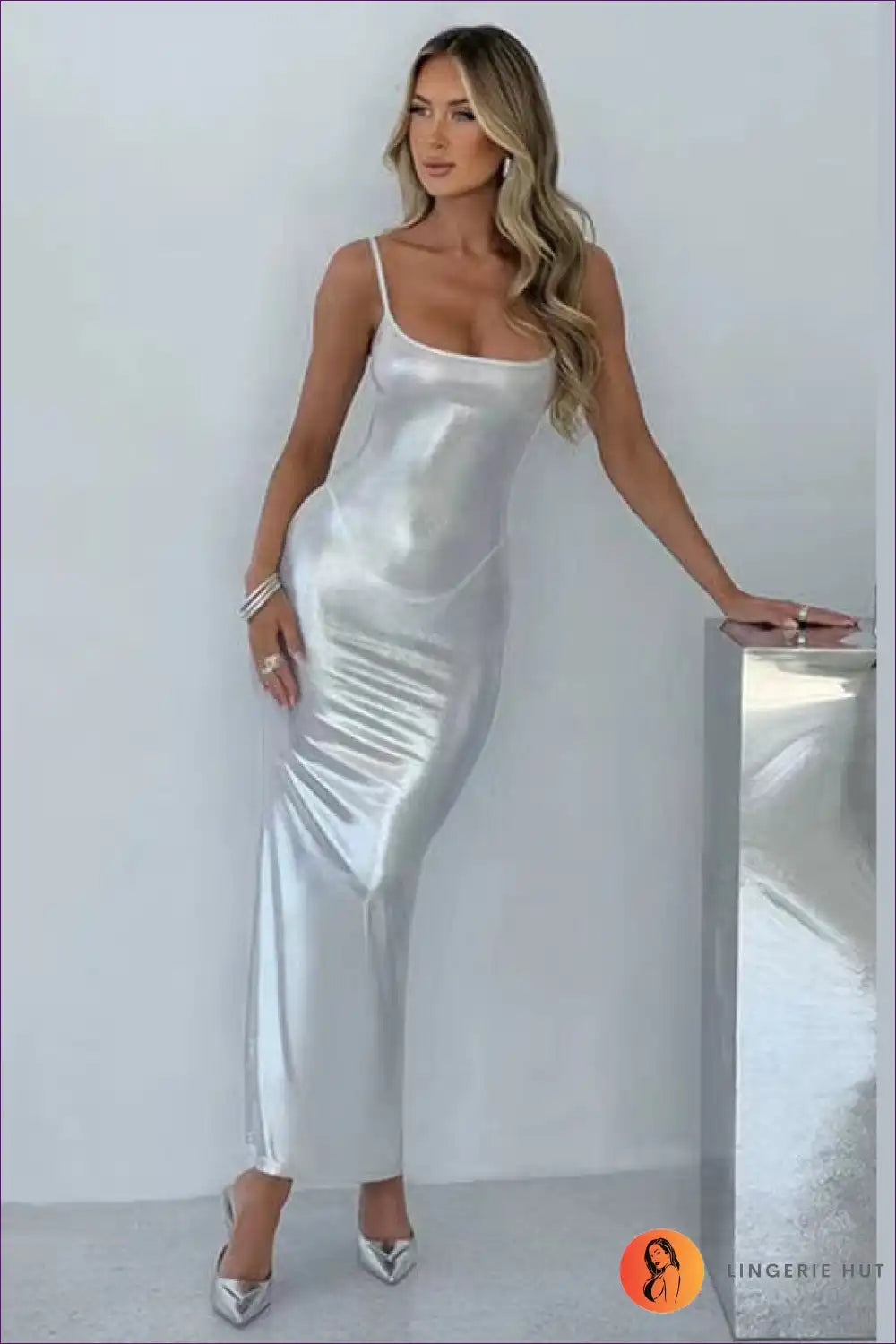 Sleek Silver Satin Maxi Dress - Radiate Luxe Glamour for Bodycon, Date Night, Dress, Glamour,