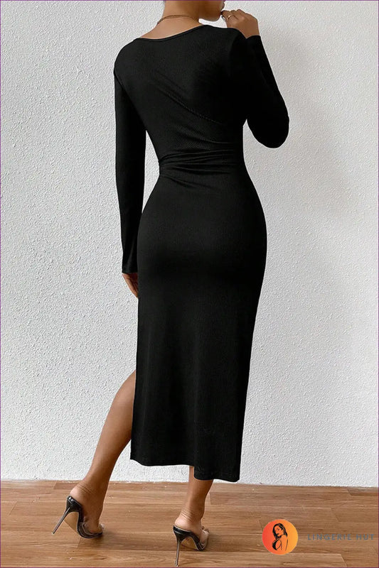 Slim Fit Long Sleeve Midi Dress with Side Slit - Dresses - Autumn • Bodycon • Bodycon Midi Dress • Evening Wear