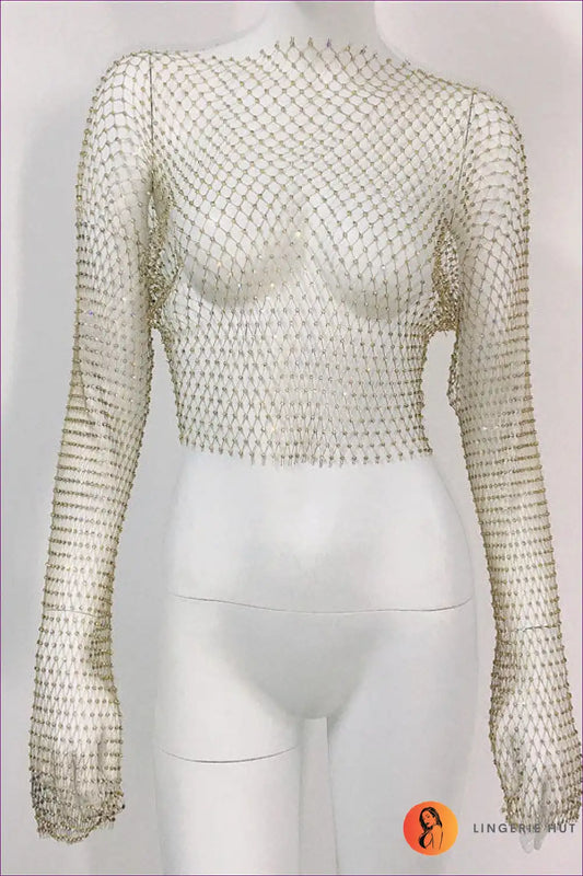 Sparkling Seduction Fishnet Top - Shine Bright Bold For Clubwear, Crop, Sheer,