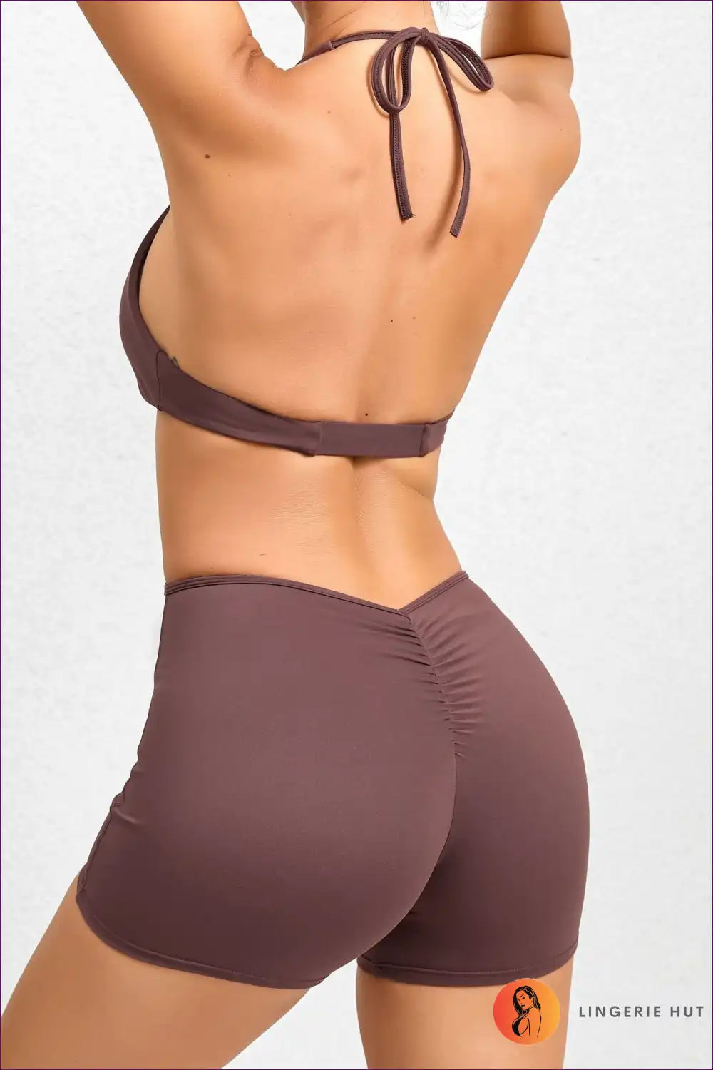 Athletic Diva, Conquer With Backless Allure And Ruched Finesse! Embrace The Slim Fit Tie Accentuation. Limited
