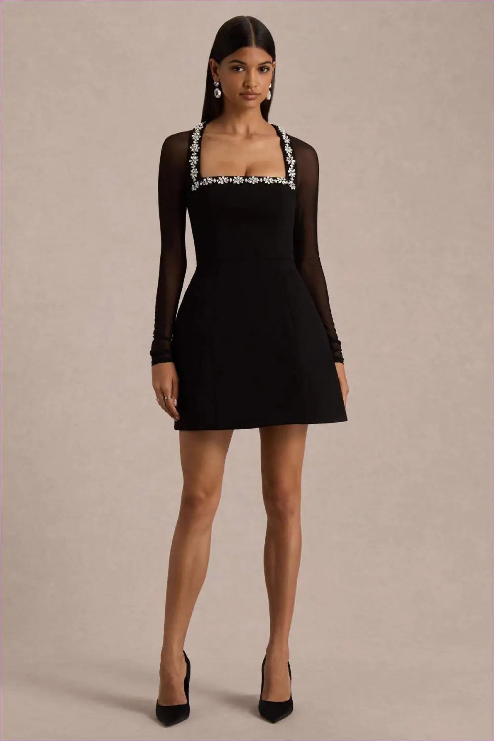 Square Neck Mesh Mini Dress with Rhinestone Trim - Elegant - Dresses - A-line • All Season • Evening Wear • Glamour