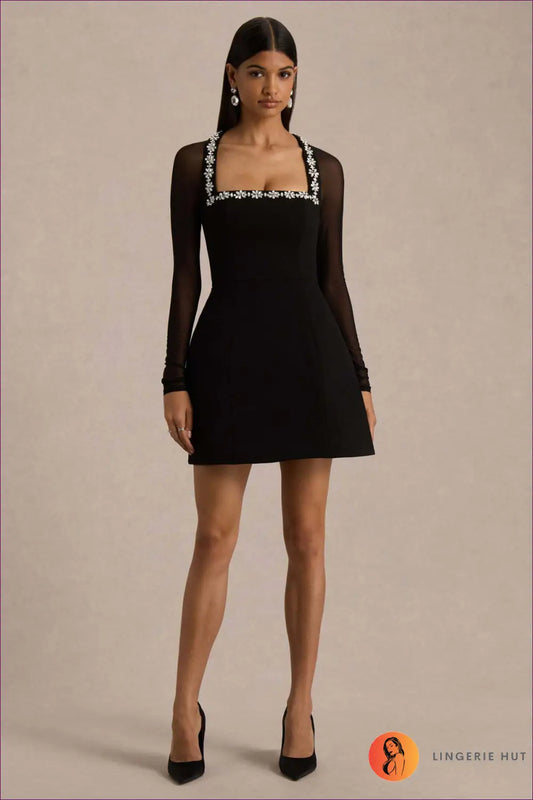 Square Neck Mesh Mini Dress with Rhinestone Trim - Elegant - s / Black - Dresses - Lingerie Hut - A-line • All Season