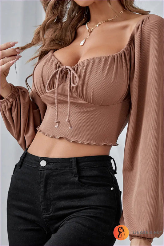 Square Neck Ruffle Crop Top - Elegant Allure - Shirts & Tops - Lingerie Hut - All Season • Autumn • Casual • Cutout