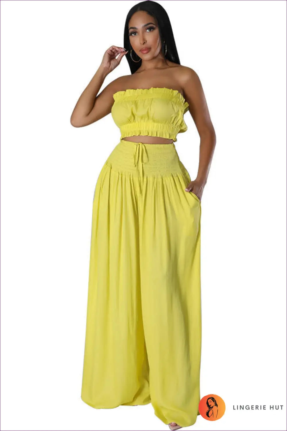Strapless Crop Top & Ruffle Pants co Ord Set - Effortless Elegance - s / Yellow - Clothing - Lingerie Hut - Casual
