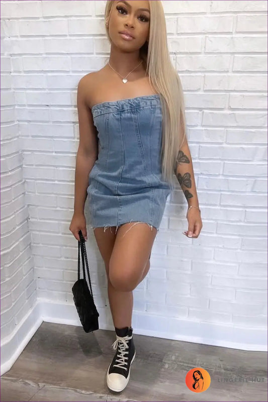 Strapless Denim Bodycon Mini Dress - After-dark Ready - Dresses - Lingerie Hut - Backless • Clubwear • Cotton • Cutout
