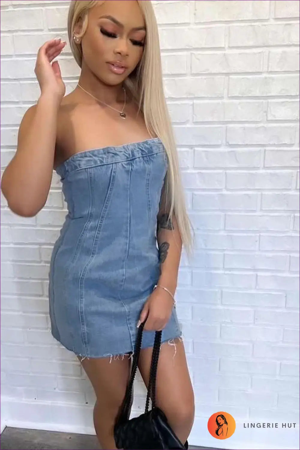 Strapless Denim Bodycon Mini Dress - After-dark Ready - Dresses - Lingerie Hut - Backless • Clubwear • Cotton • Cutout