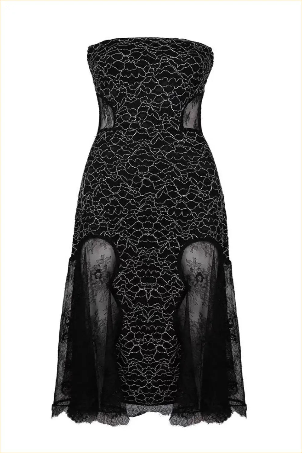 Strapless Midi Dress with Lace Panels - Understated Glamour - Dresses - All Season • Cutout • Evening Wear • Formal