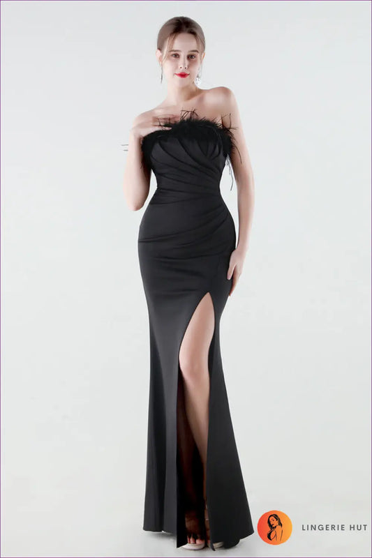 Feather Trim Maxi Dress - Red Carpet Glamour - s / Black - Dresses - Clothing • Party - Lingerie Hut