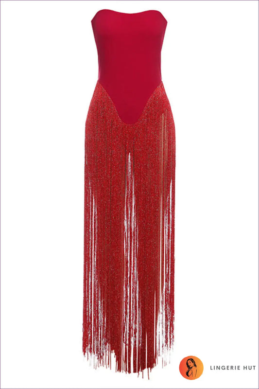 Strapless Fringe Jumpsuit with High Slit - Glamorous Evening Event - s / Red - Lingerie Hut - Backless • Cutout