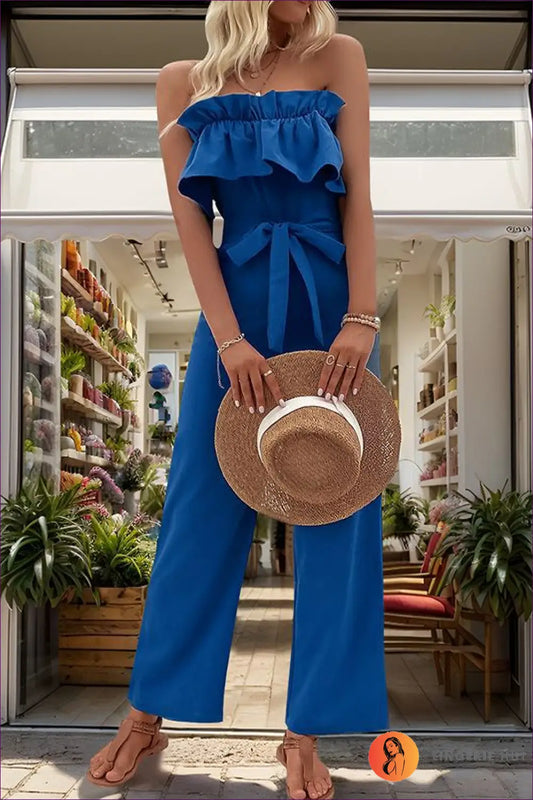 Strapless Jumpsuit with Ruffle Bodice - Summer City Chic - Xl / Blue - Lingerie Hut - Backless • Casual • Cutout