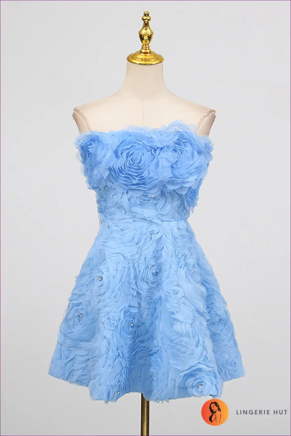 Strapless Mini Dress with Floral Appliqué - Statement Evening Glamour - s / Blue - a Line - Dresses • just in • Party