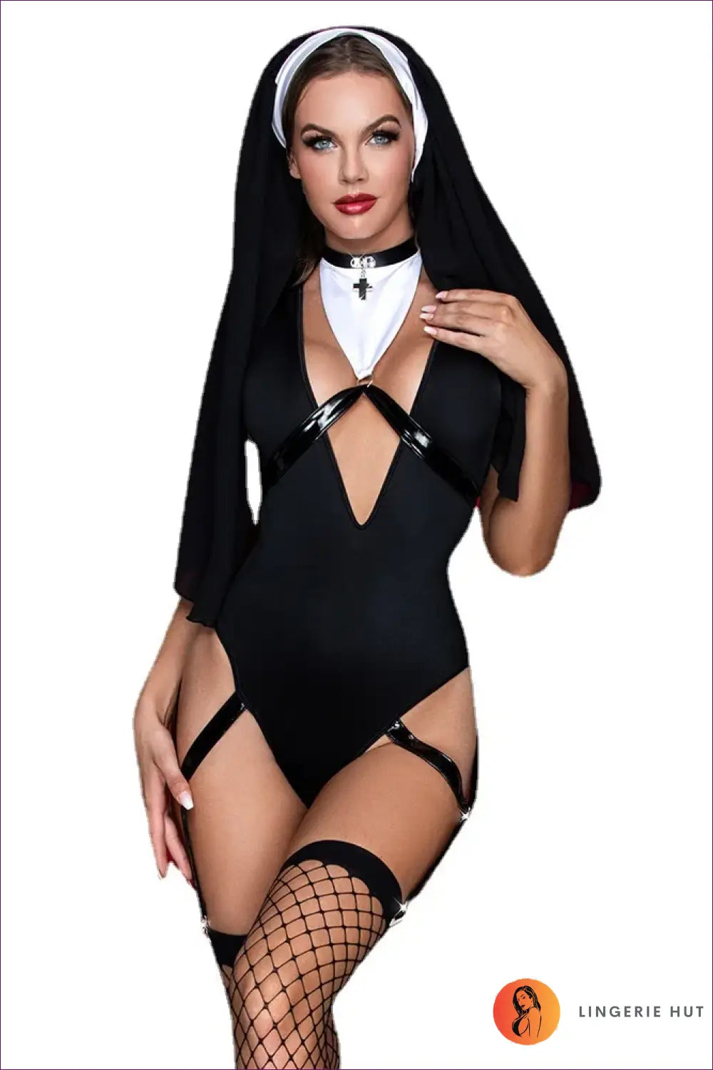 Nun Costume Bodysuit with Headpiece - Clubwear • Cutout • Date Night - Lingerie Hut