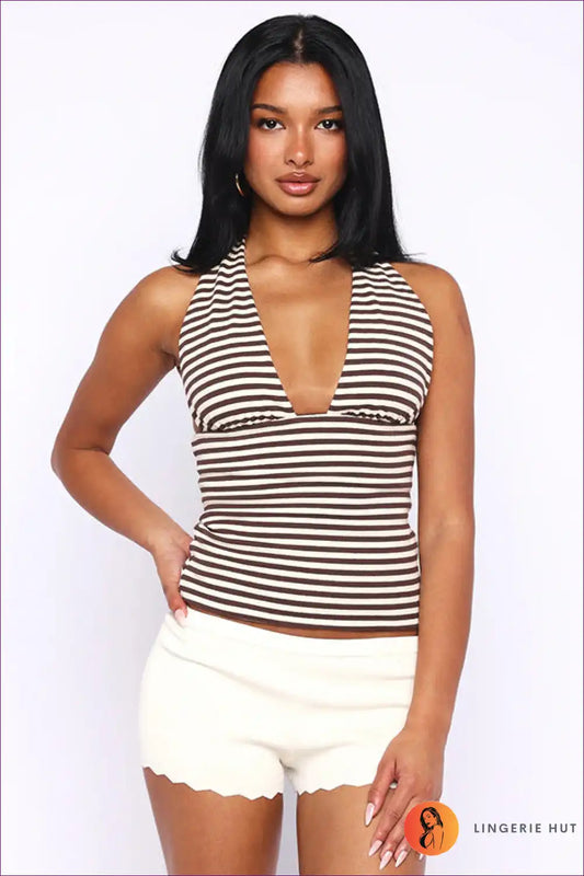 Striped Halter Tank Top with Deep v - Summer Statement for Casual, Crop, Everyday, Halter,