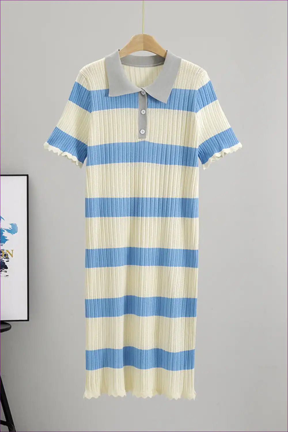 Striped Knit Polo Midi Dress with Ribbed Texture - Everyday Ease for a Line, Casual, Cotton, Everyday,