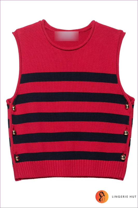Striped Knit Vest with Side Buttons - Modern Layering Essential - s / Red - Top - Lingerie Hut - All Season • Autumn