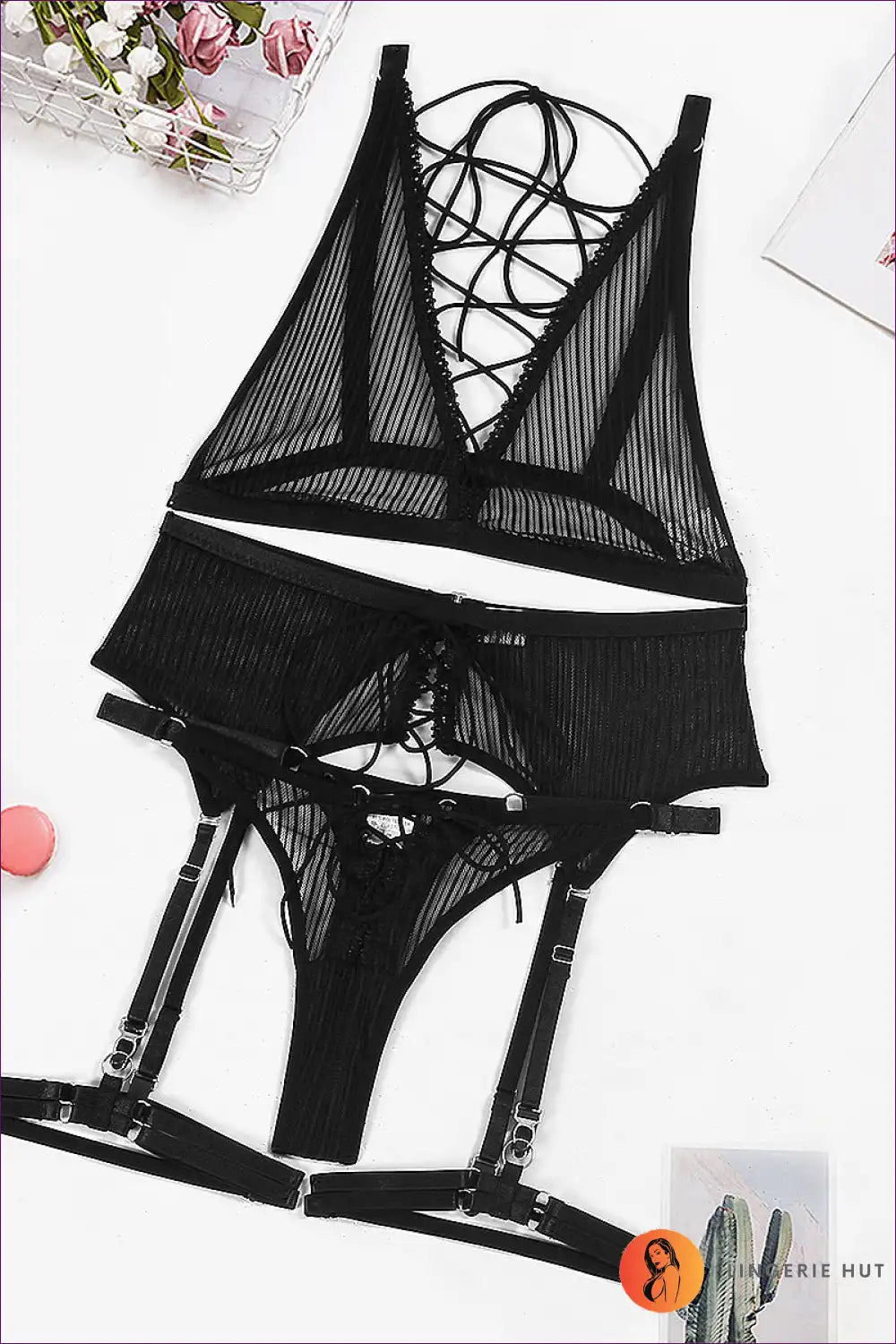 Discover The Allure Of Lingerie Hut’s Striped Mesh Bra Set. a Wireless, Lace-up Design That Brings a Sexy