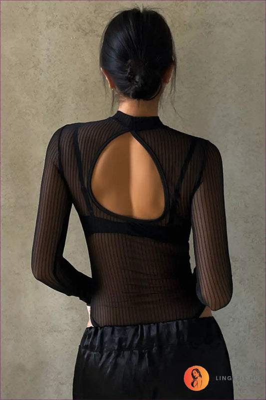 Radiate Elegance In a Backless, Striped Mesh Bodysuit. Limited Availability. Elevate Your Style Now! Striped