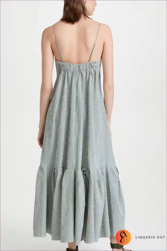 Embrace Effortless Elegance In Our Striped Ruffle Midi Dress. The Playful Ruffle Detailing And Flattering