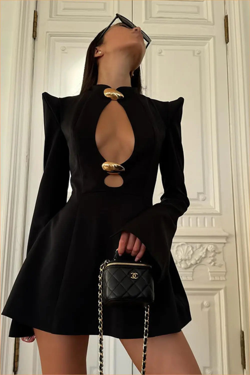 Structured Cut-out Mini Dress with Padded Shoulders - Bold Energy - Dresses - Autumn • Cutout • Date Night • Glamour