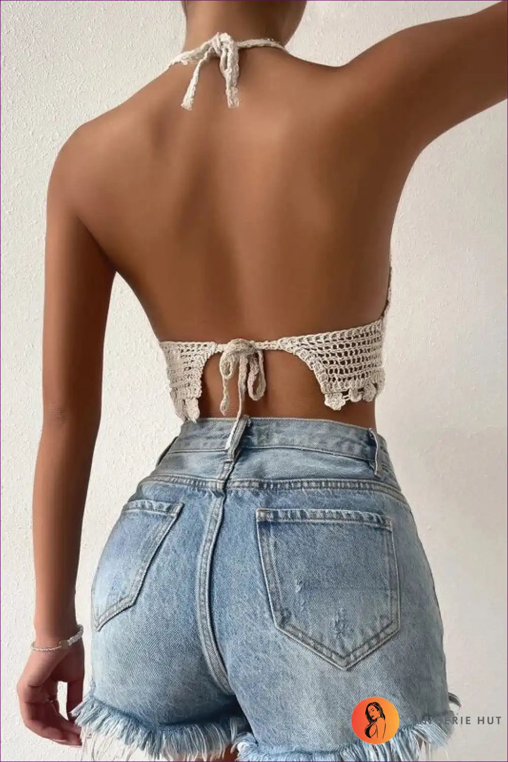 Boho Chic Meets Summer Ease With Lingerie Hut’s Crocheted Hollow Sling Back Strap Top. Halter, Tie-up,
