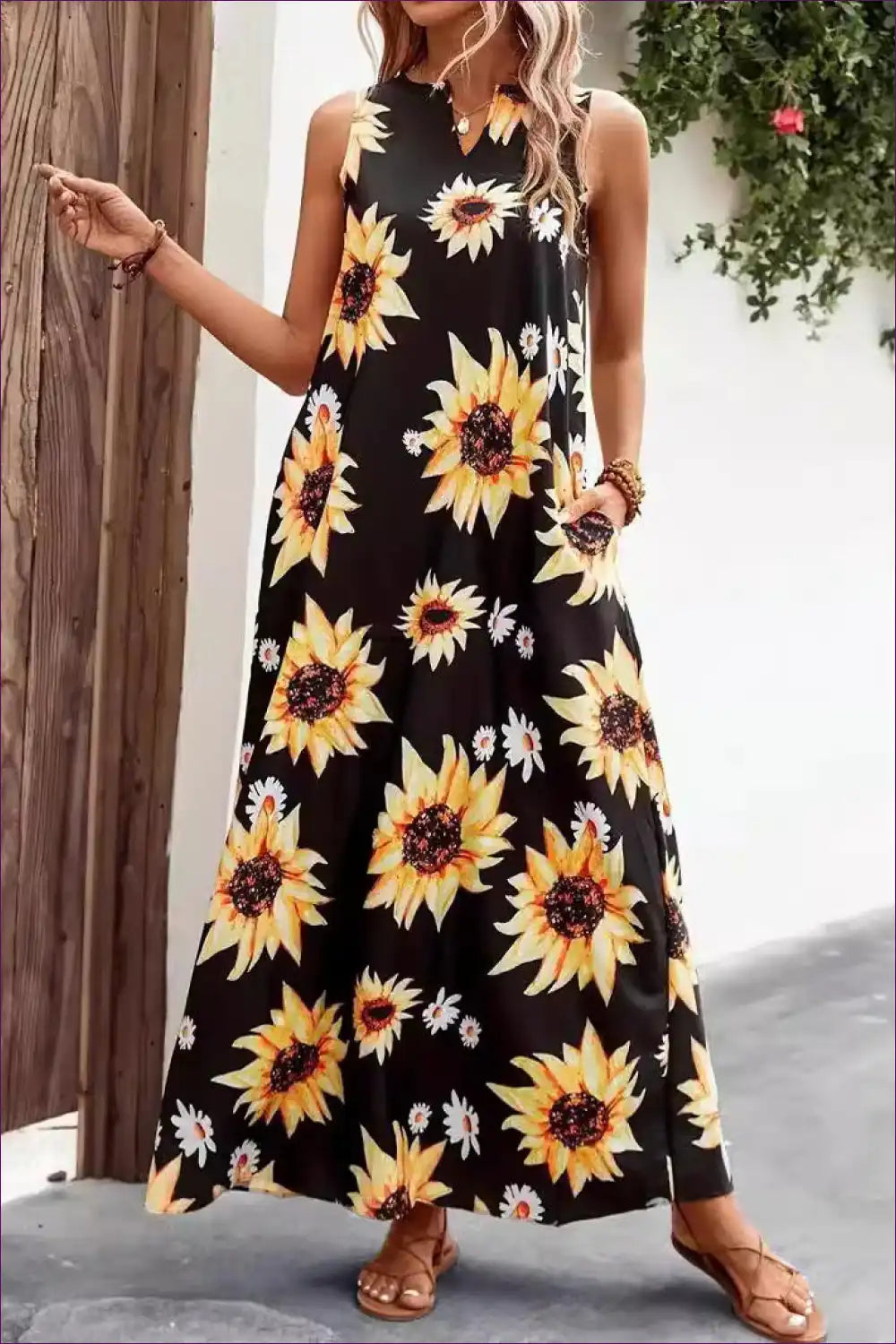 Sunflower Print Maxi Dress with v Neck - Joyful Everyday Ease for A-line, Casual, Dress, Everyday, Floral