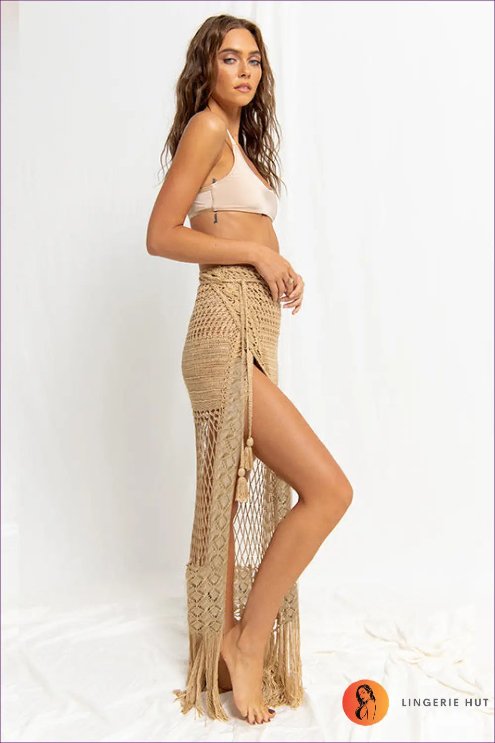 Knitted Beach Cover Up Skirt - Summer Evenings Sorted - one Size / Khaki - Cutout • Polyester • Sexy • Sheer - Lingerie