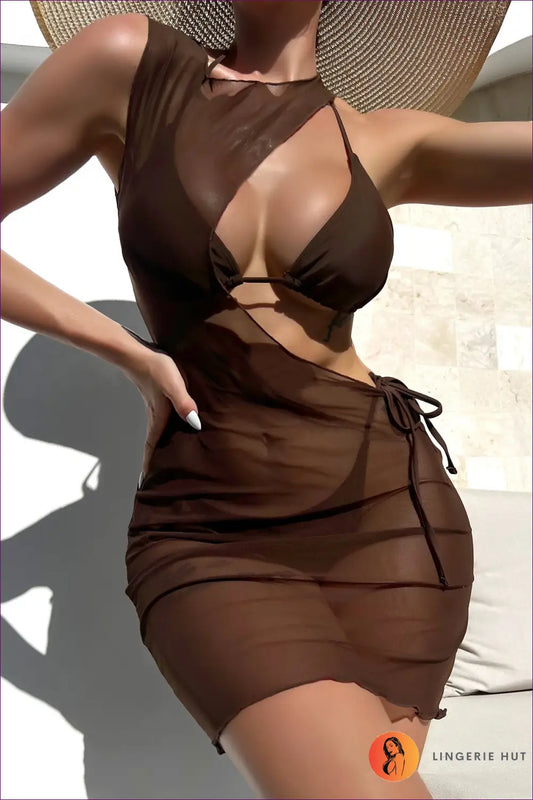 Swimsuit with Ruched Side Details - Poolside Confidence - s / Brown - Bodysuit - Lingerie Hut - Beachwear • Cutout
