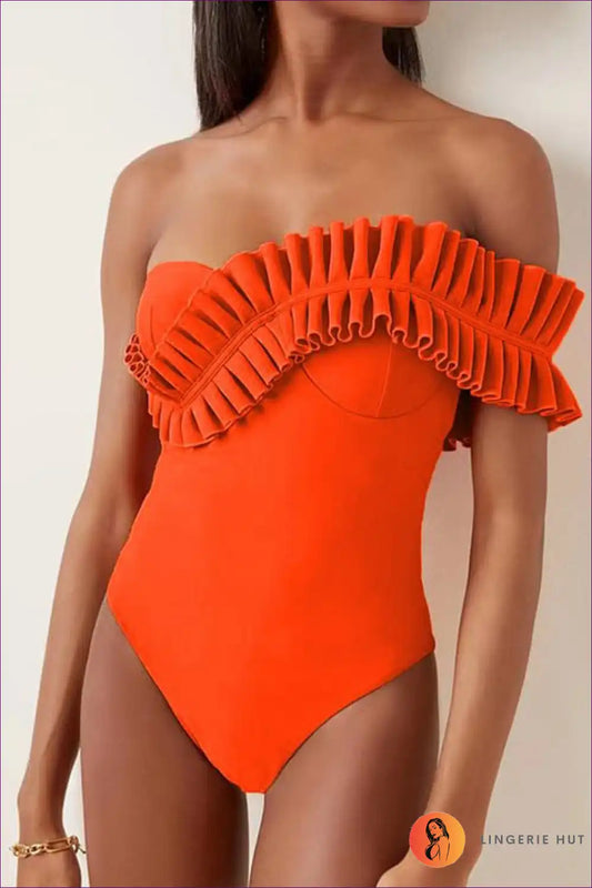 Swimsuit with Ruffle Detail - Poolside Elegance for Beachwear, Boho, Casual, Cutout,