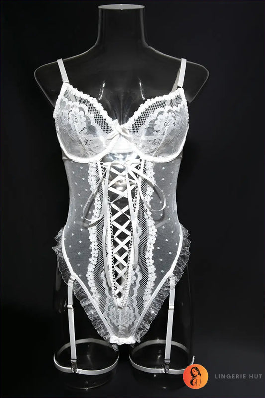 Teddy Bodysuit with Lace-up Front - Bridal Fantasy Mood - s / White - Lingerie Hut - All Season • Boudoir • Cutout