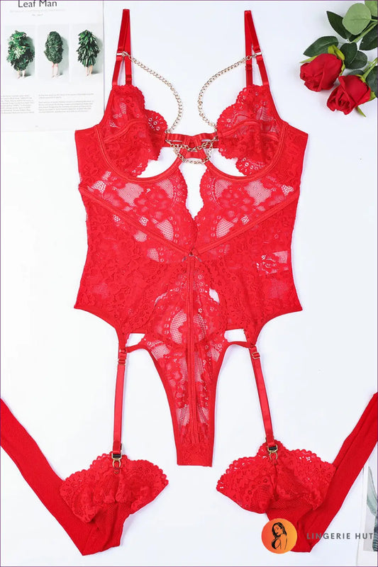 Lace Cutout Teddy Bodysuit with Chain Detail - Made for Bold Nights - s / Red Leggings - All Season • Boudoir • Date