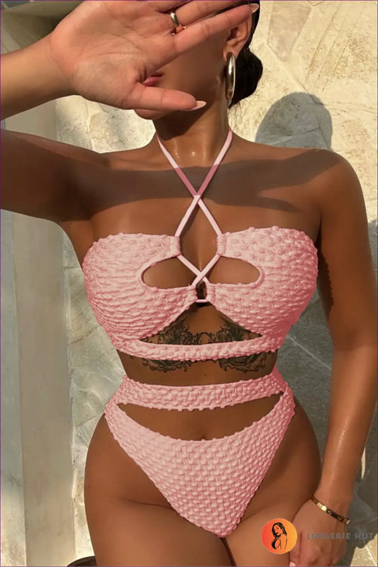 Textured Bikini with Cut-outs - Boho Beach Mood - s / Pink - Swimwear - Lingerie Hut - Beachwear • Casual • Cutout