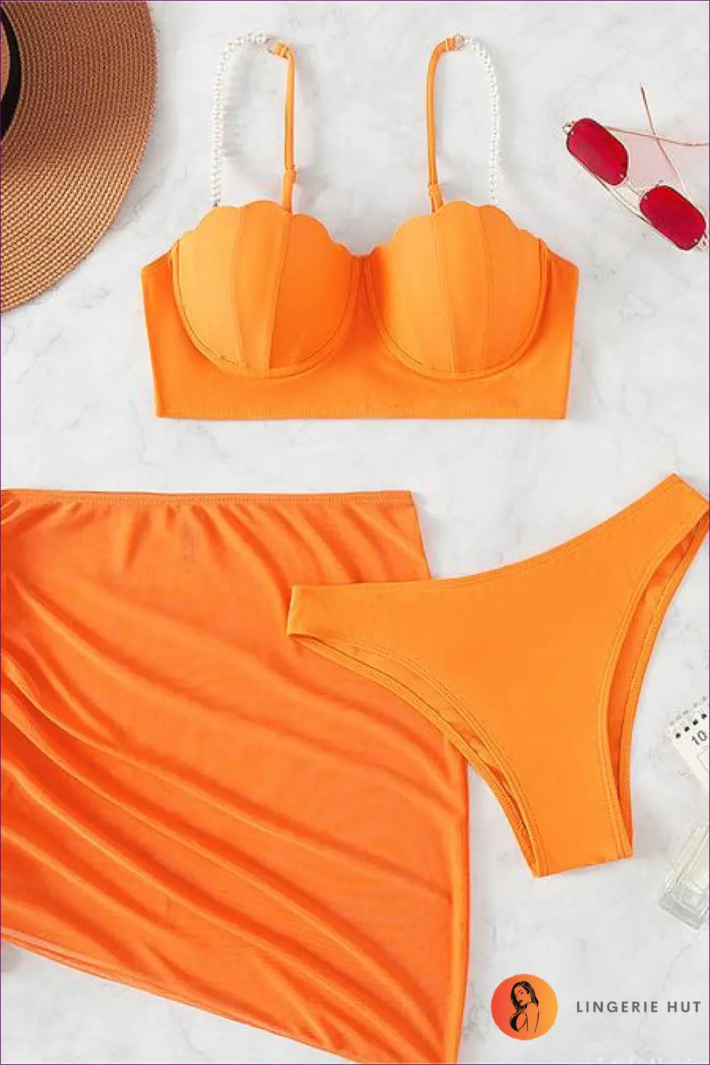 Three-piece Bikini Set with Cover Up - Boho Vacation Edit - s / Orange - Swimwear - Lingerie Hut - Beachwear • Casual