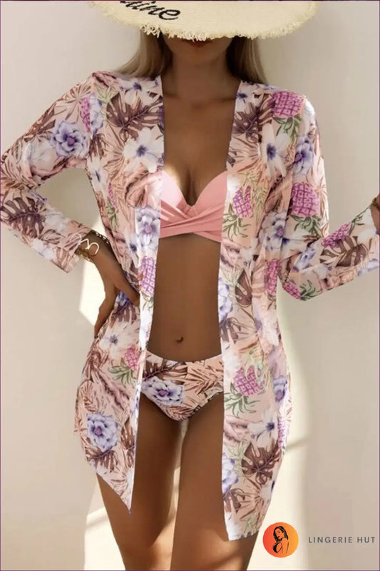 Three Piece Bikini Set with Mesh Kimono - Effortless Summer Escape - Lingerie Hut - Beachwear • Boho • Casual • Cover Up