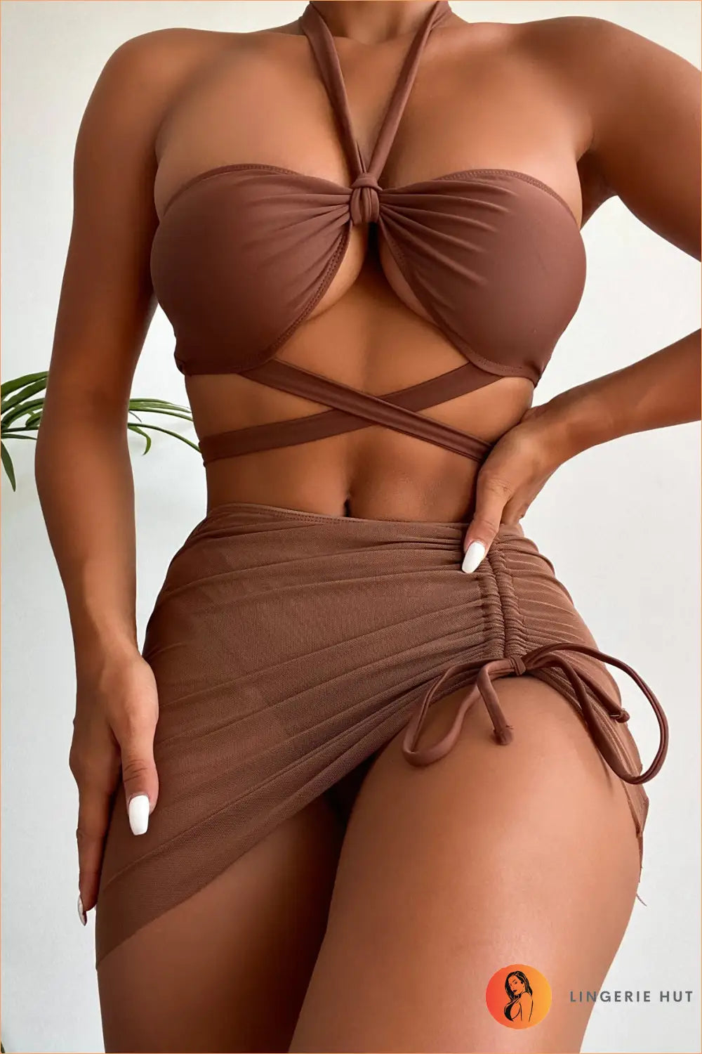 Three Piece Bikini Set with Ruched Skirt - Summer Evenings Sorted - s / Brown - Beachwear • Cutout • Halter • Lingerie