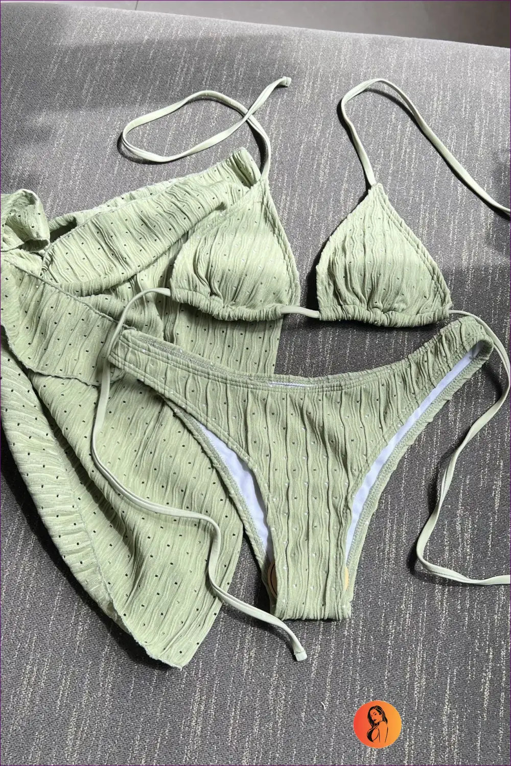 Three Piece Bikini Set with Textured Fabric and Sarong Wrap - s / Matcha - Lingerie Hut - Beachwear • Boho • Casual