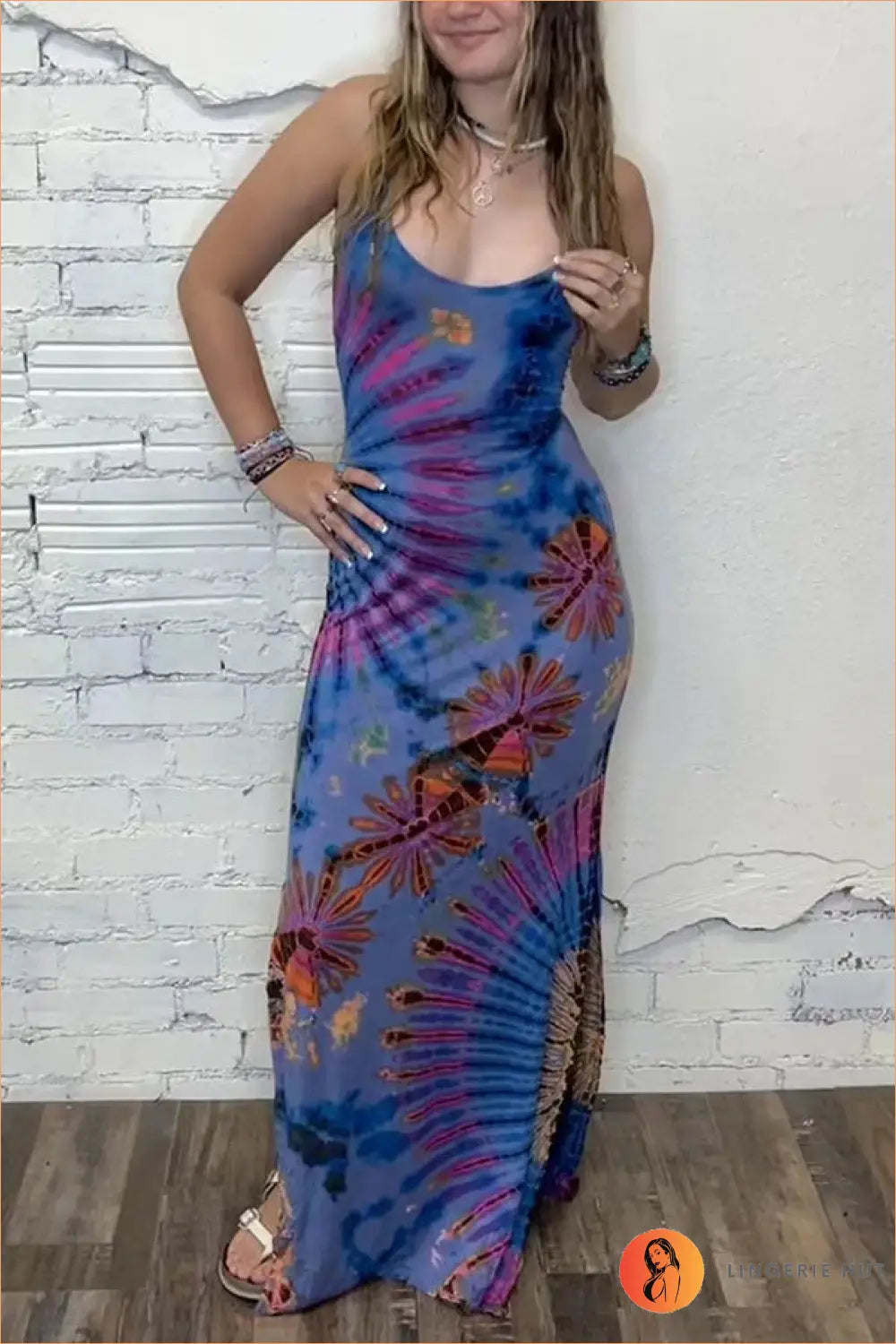Tie-dye Maxi Dress with Fanned Print - Effortless Boho Mood - s / Royal Blue - Dresses - Beachwear • Bodycon • Casual
