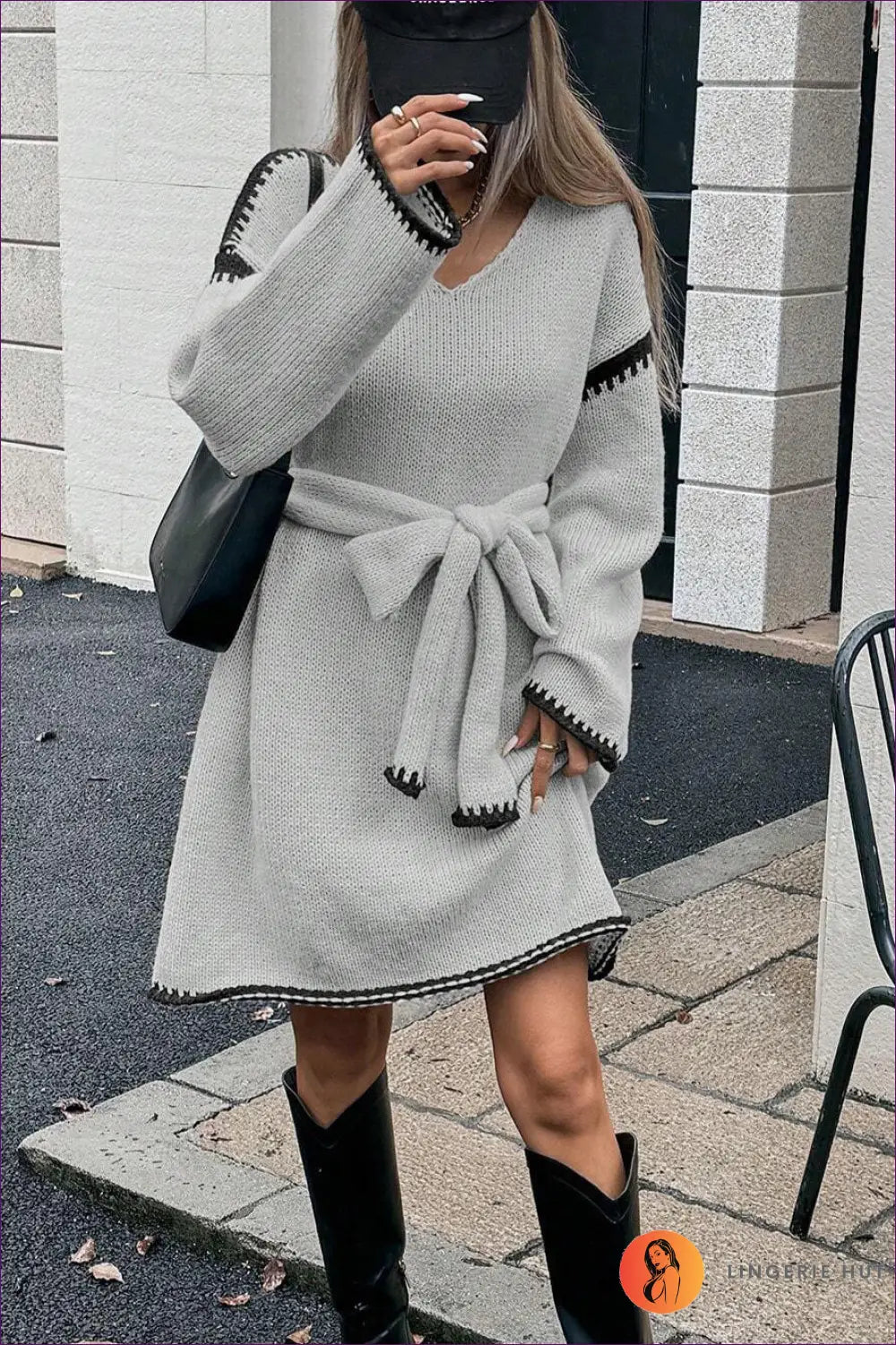 Tie Waist Sweater Dress - Effortless Everyday Warmth - s / Light Gray - Dresses - Lingerie Hut - A-line • Autumn