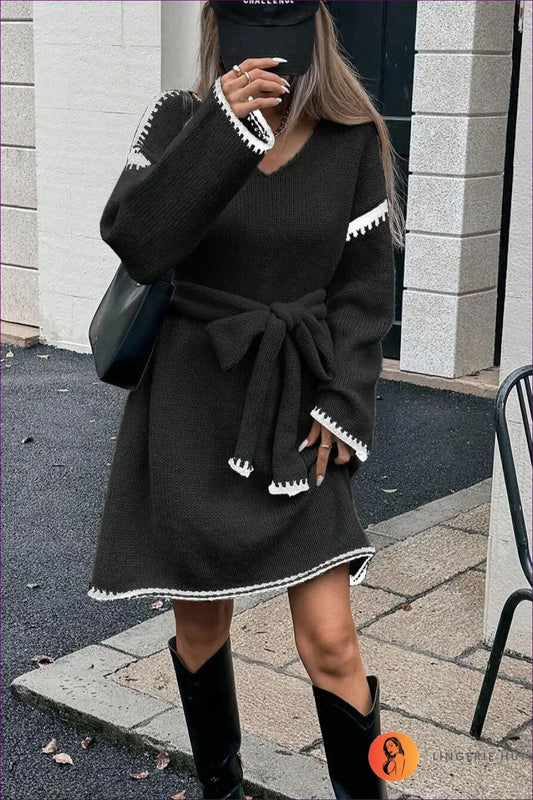 Tie Waist V-neck Sweater Dress - Relaxed City Cool for a Line, Autumn, Casual, Everyday, Jersey