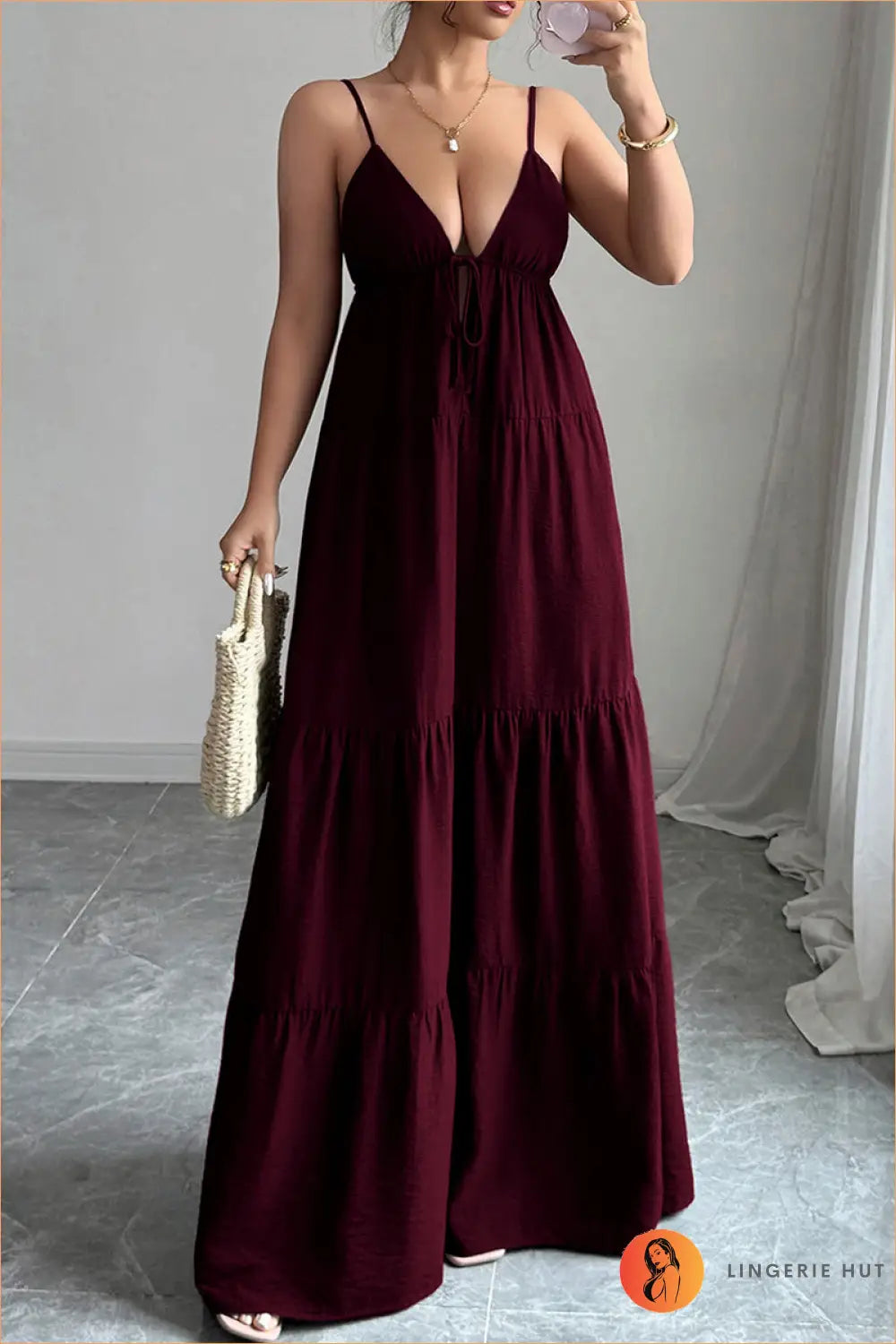 Tiered Maxi Dress with Tie-front - Effortless Boho Romance - s / Burgundy - Dresses - Casual • Clothing • Everyday