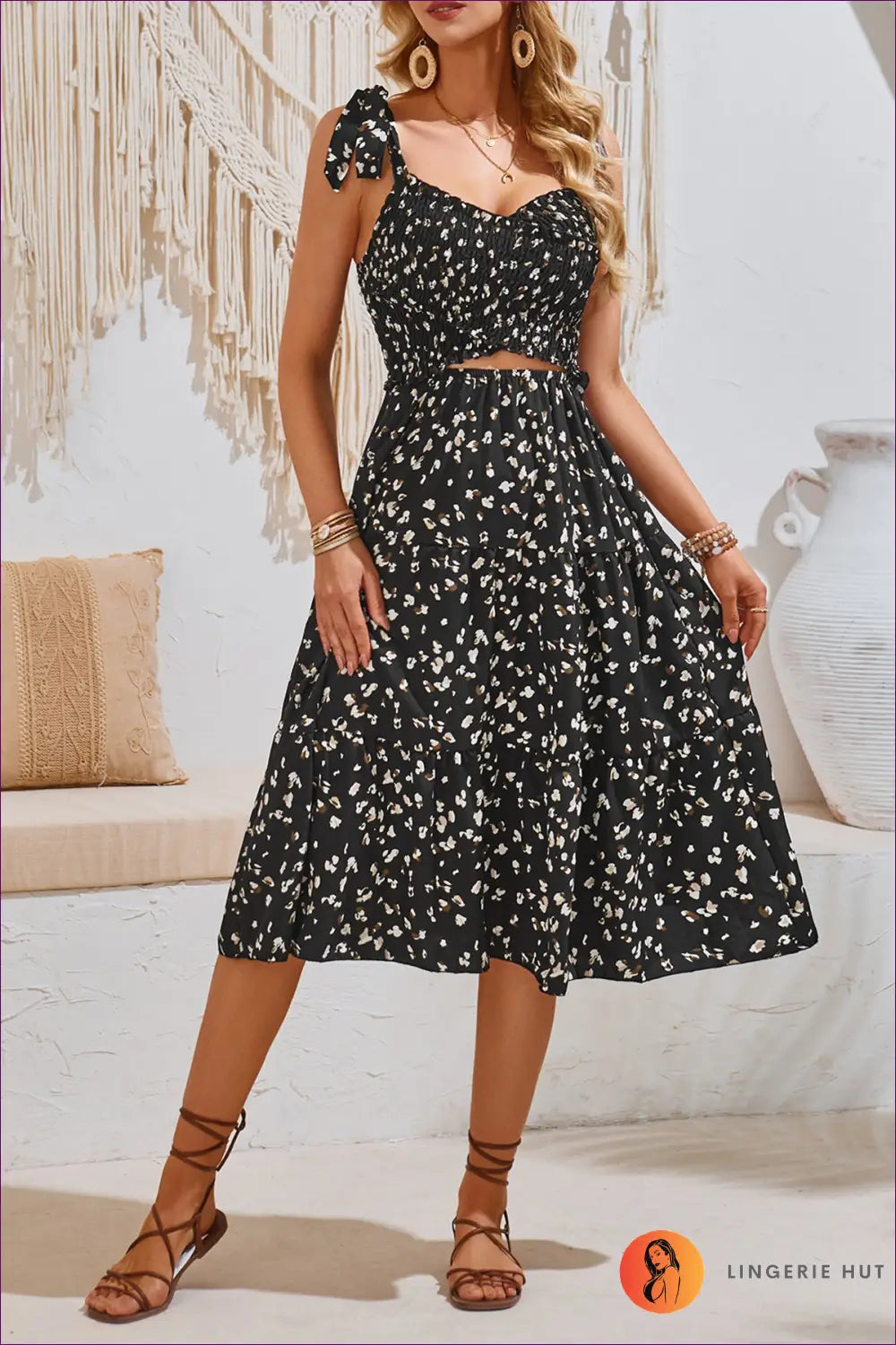 Tiered Midi Dress with Cutout Waist - Sunlit Holiday Escape - s / Black - Dresses - Lingerie Hut - A-line • Beachwear