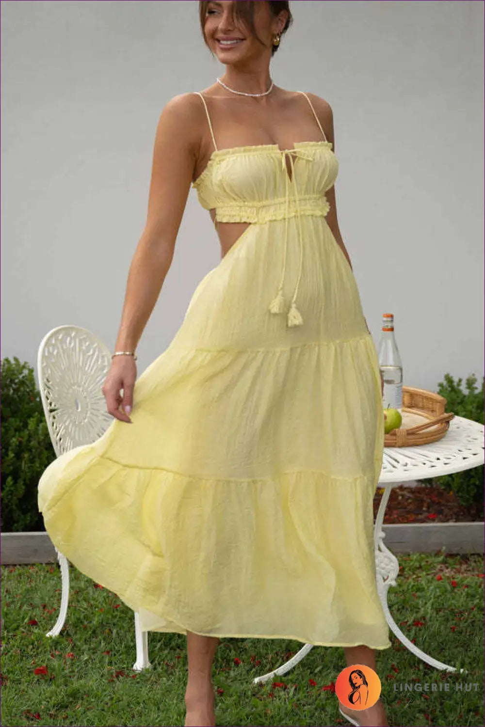 Tiered Midi Dress with Cut-out - Effortless Day Charm - s / Yellow - Dresses - Lingerie Hut - A-line • Boho • Casual