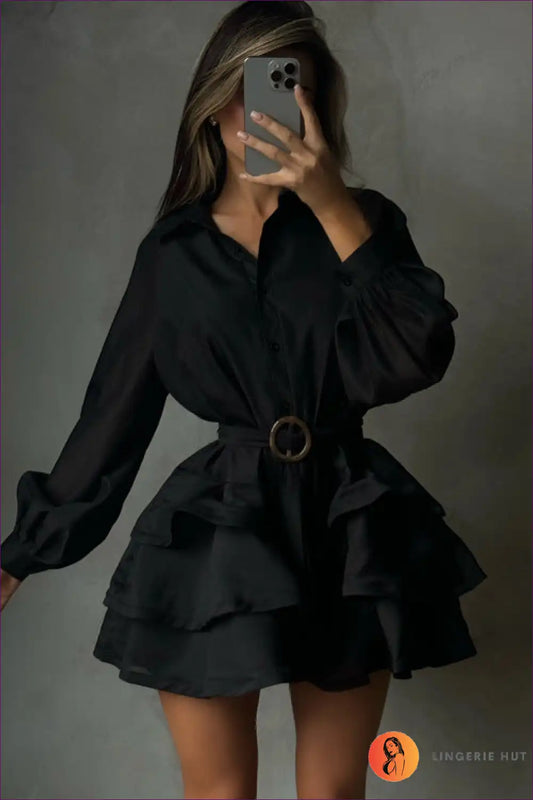 Tiered Shirt Dress with Belt and Balloon Sleeves for Autumn, Casual, Dresses, Everyday,