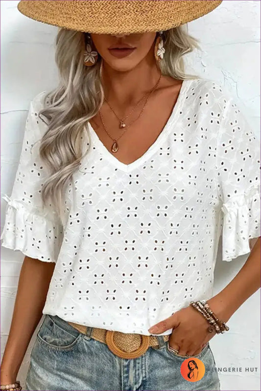Embroidered Eyelet Top - Effortless Boho Versatility - Lingerie Hut - Blouse • Casual • Cotton • Cutout