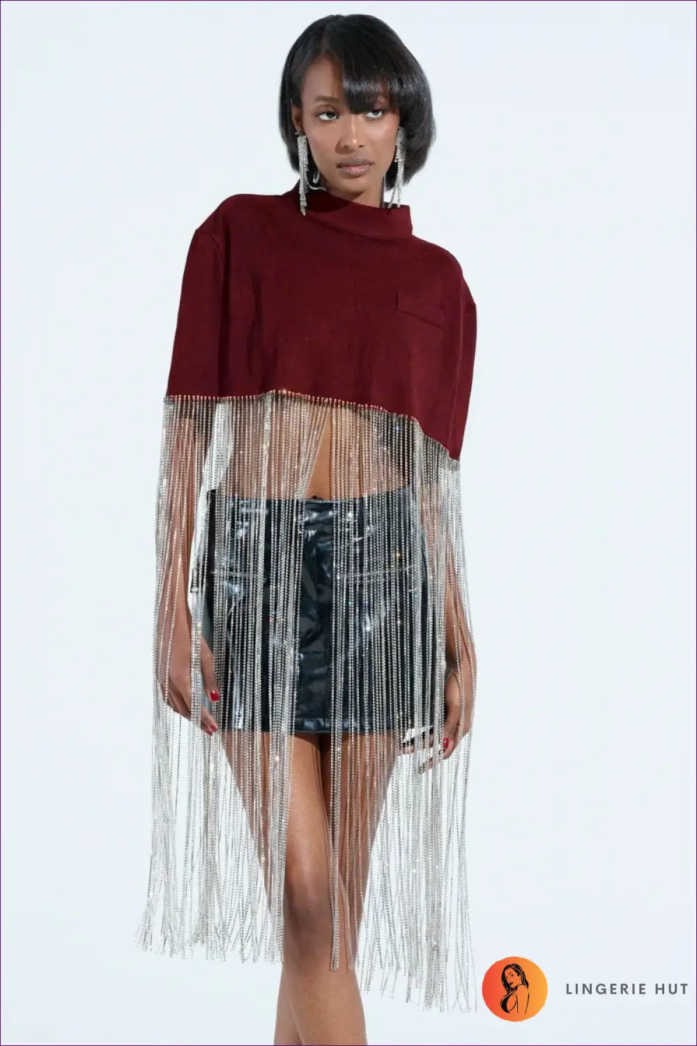 Fringe Crop Top with Metallic Detail - Moves with you - S-m / Burgundy - Lingerie Hut - Boho • Cutout • Glamour