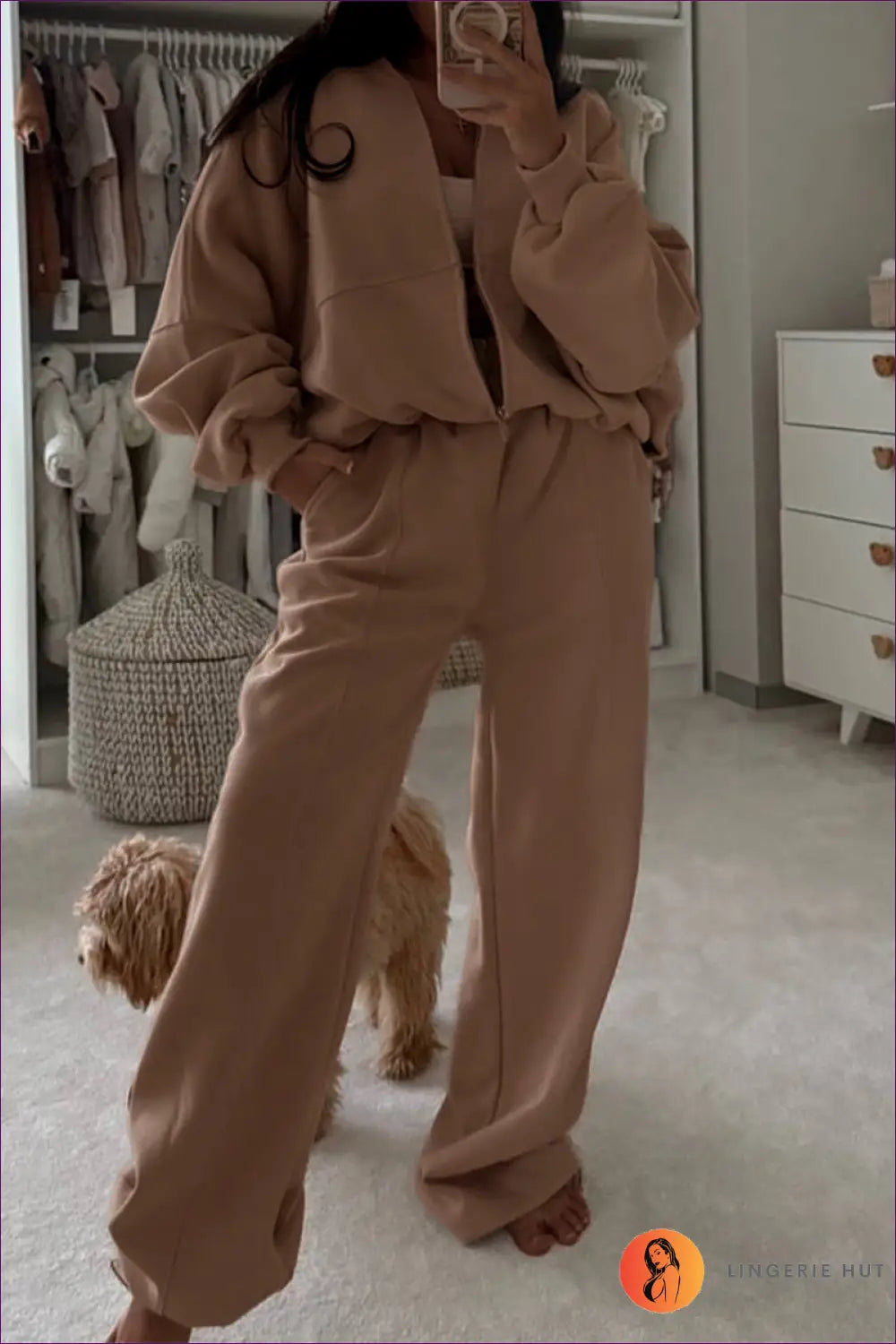 Loungewear Tracksuit Set with Zip Jacket - Elevated Leisurewear - s / Khaki - Lingerie Hut - Activewear • All Season