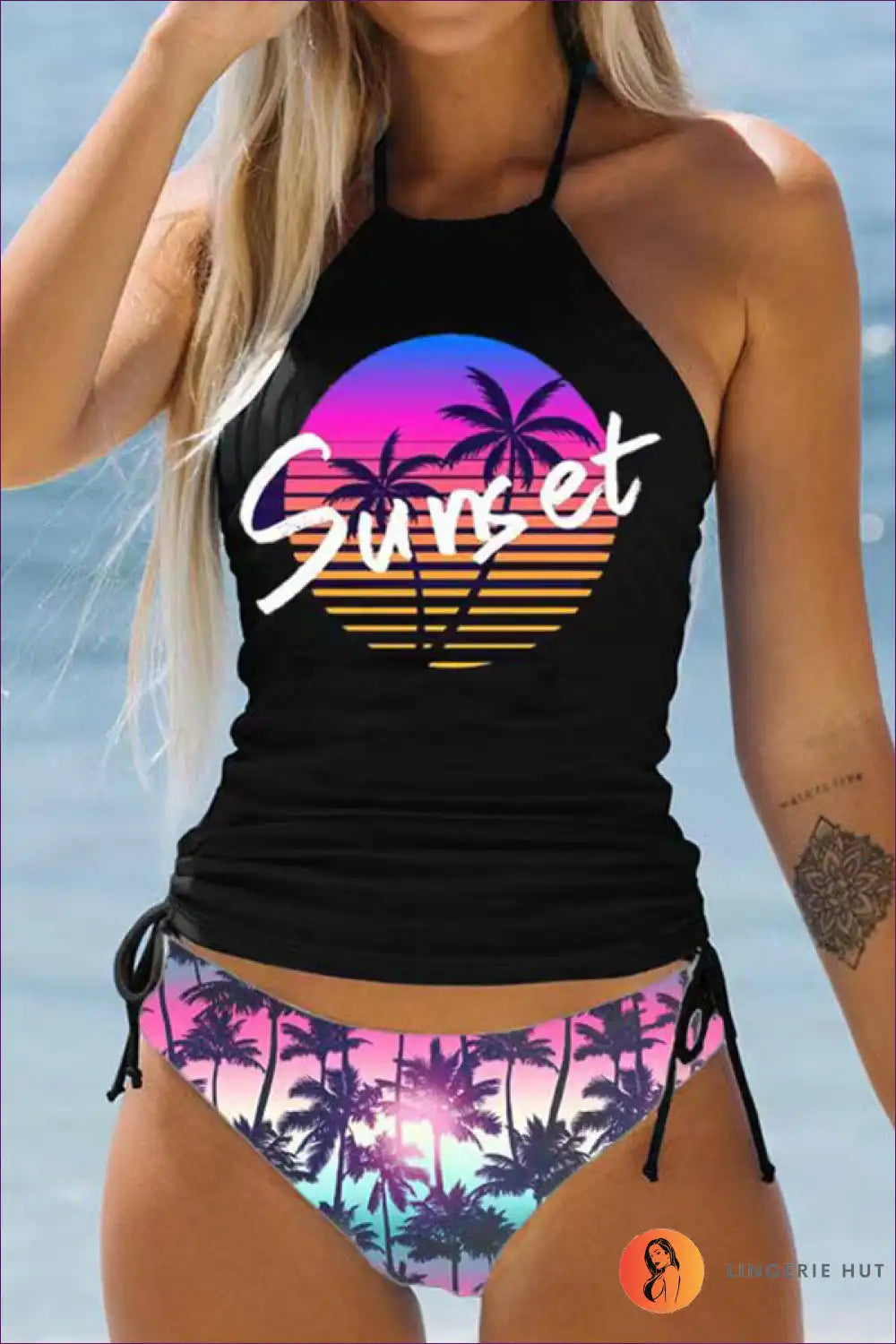Dive Into Paradise With Our Tropical Coconut Tree Print Lace-up Swimsuit. Feel Confident And Elegant In This