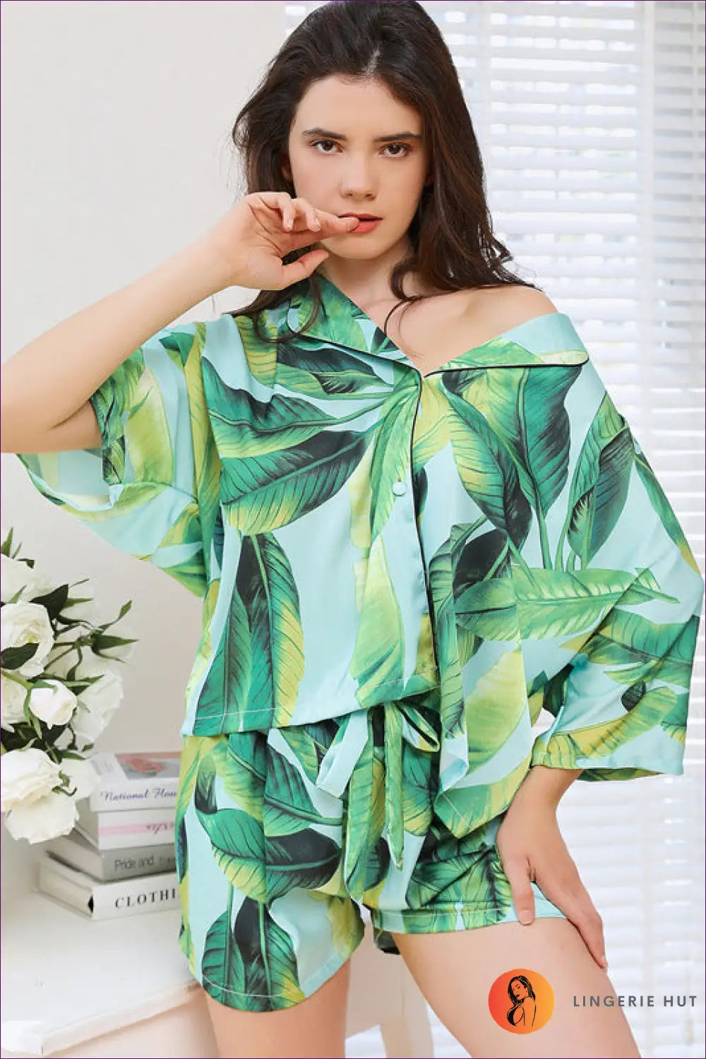 Tropical Print Loungewear Set - Perpetual Holiday Vibes - m / Green - Sleepwear & - Lingerie Hut - Autumn • Casual
