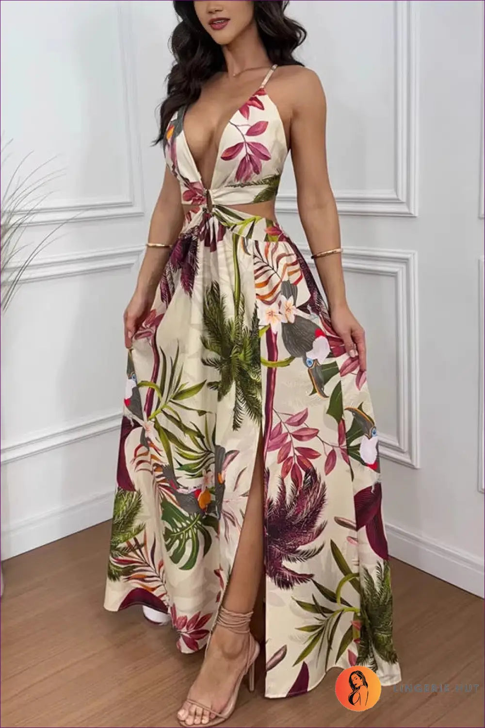 Tropical Print Maxi Dress with Cut-outs - Effortless Escape - s / Beige Printing - Dresses - Lingerie Hut - Backless