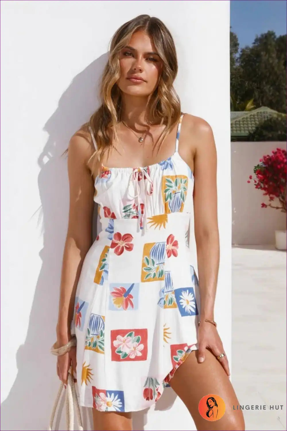 Tropical Print Mini Dress with Tie Front - Summer Romance for A-line, Beachwear, Casual, Everyday, Floral