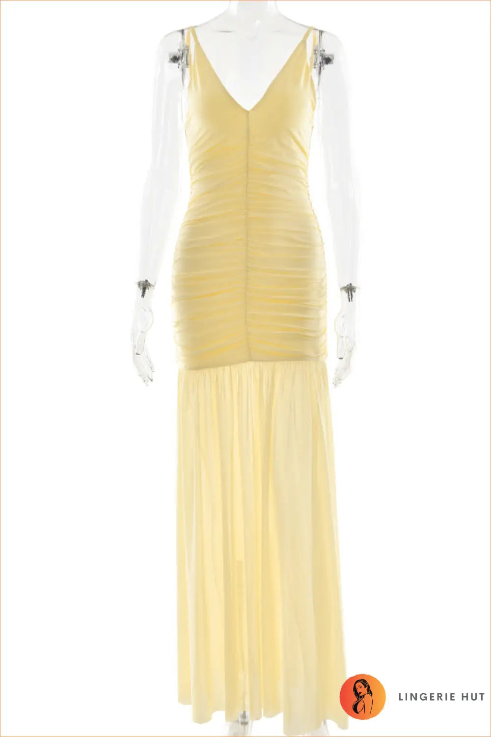 Tulle Maxi Dress with Plunge & Ruching - Understated Glamour - s / Yellow - Dresses - Clothing • Elegant • Lingerie Hut